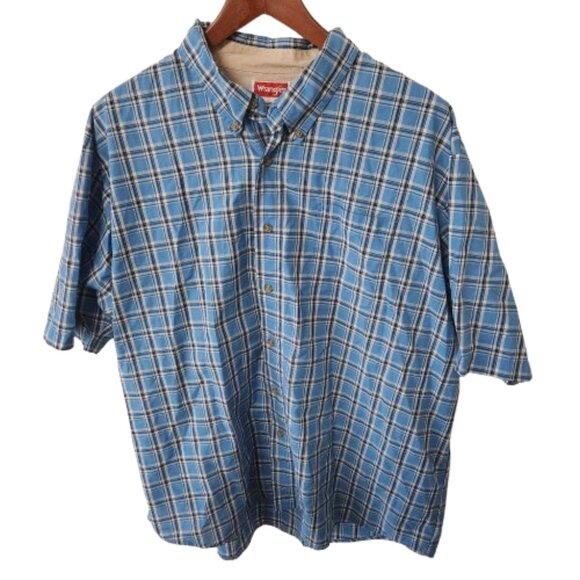 Wrangler Men’s 2XL Short Sleeve Button Down Shirt Blue White Plaid - Picture 1 of 6